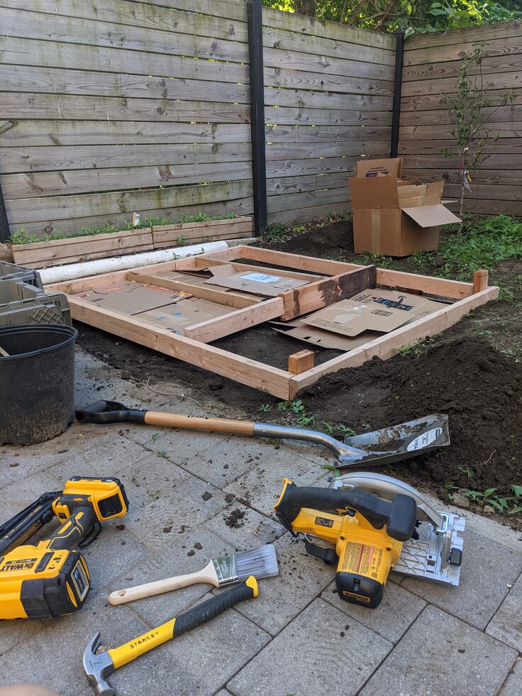 Raised garden beds under construction